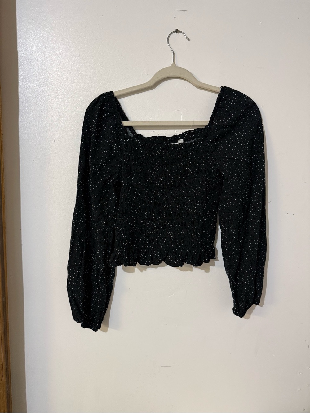 Black Polka Dot Smocked Long-Sleeve Top